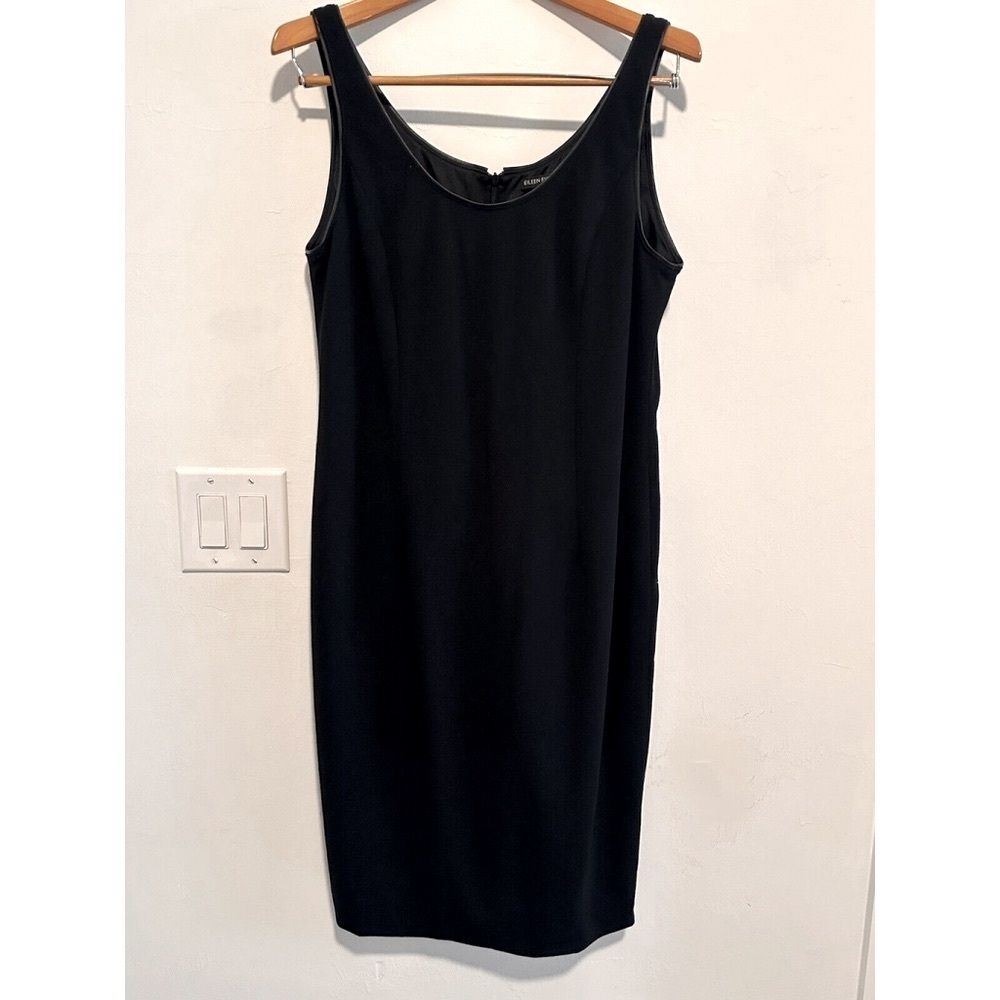 Eileen Fisher Midi Length Viscose Dress Leather Trim In Black - Picture 3 of 9
